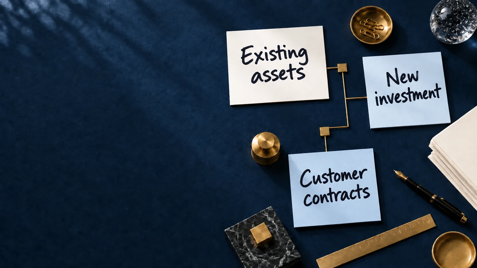 Handwritten notes: Existing assets, New investment, Customer contracts.